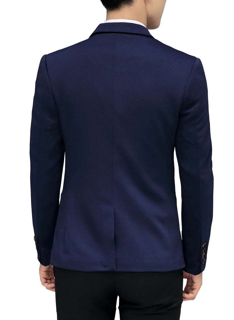 DAVID.ANN Men's Slim Fit Suits Casual One Button Flap Pockets Solid Blazer Jacket,Dark Blue,Large - Image 3